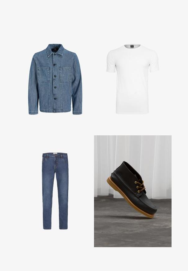 Veste en denim bleu avec une finition texturée. Comprend un col, une fermeture à boutons sur le devant, deux poches poitrine et des manches longues.; T-shirt blanc uni à manches courtes col rond avec une étiquette noire à l'intérieur du col sur fond blanc.; Jean en denim de couleur bleu foncé avec une coupe droite, un design à cinq poches et des coutures contrastées. Fermeture par bouton et fermeture éclair.; Chaussures en cuir noir avec une finition lisse, bout rond, lacets marron et semelles en caoutchouc marron clair. Logo embossé sur le côté.