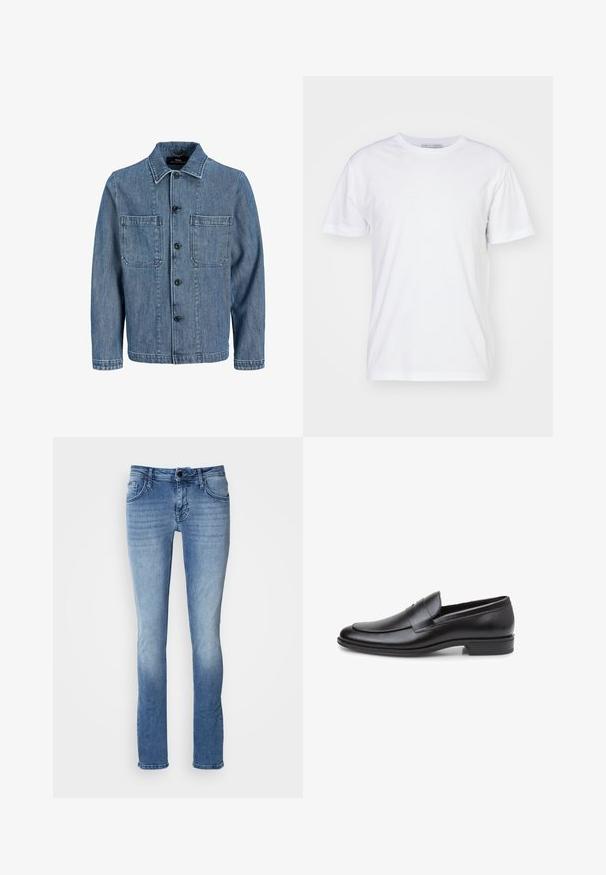 Blauwe spijkerjas met een gestructureerde afwerking. Heeft een kraag, een sluiting met knopen aan de voorkant, twee borstzakken en lange mouwen.; Witte katoenen T-shirt met een ronde hals, korte mouwen en een rechte snit. Geen patronen of versieringen, gladde textuur en eenvoudig ontwerp.; Lichtblauwe denim jeans met een klassiek vijf-pocket ontwerp, rechte pijpen en subtiele vervaging. Gemaakt van zachte, duurzame stof.; Zwarte leren loafer met een gebogen silhouet, gestikte details langs de rand en een platte rubberen zool voor grip.