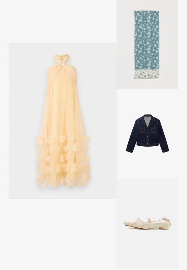 Mørkeblå denimjakke med klapkrave, to forlommer og knaplukning. Har synlige sømme og en cropped design.; Maxi kjole lavet af gennemsigtig, lys gul stof, med en knyttet halterneck og blomsterapplikationer ved kanten, der skaber en flydende silhuet.; Beige blødt stof balletsko med lav hæl, elastisk bagpå, sløjfedetalje på tåen og en ferskenfarvet elastisk rem over vristen.; Blåt rektangulært tørklæde med hvidt blomstermønster og en hvid kant med mindre blå blomster samt Furla-logoet.