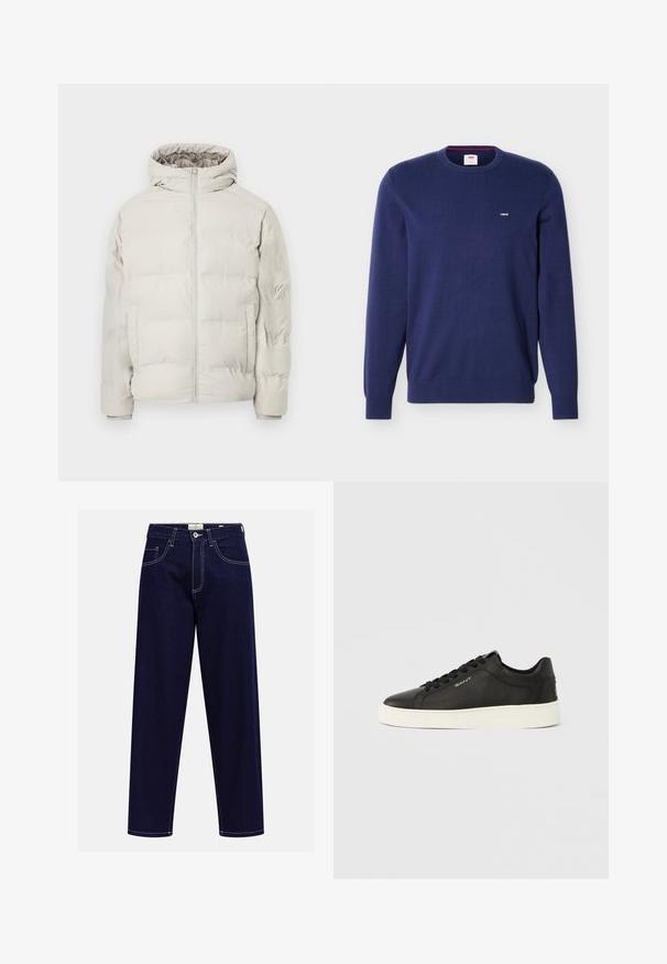 Veste matelassée beige clair avec capuche attachée, fermeture éclair à l'avant et poches latérales, présentée sur un fond blanc uni.; Pull ras du cou Levi's bleu marine à manches longues avec petit logo blanc Levi's sur la poitrine gauche.; Jean droit bleu foncé avec poches avant, fermeture à bouton et coutures blanches visibles sur un fond uni.; Baskets en cuir noir avec une semelle en caoutchouc blanche, des lacets plats et un détail de marque sur le côté. Texture lisse et design à bout arrondi.