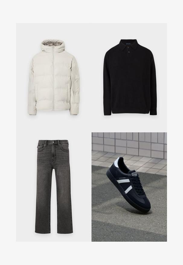 Lys beige polstret jakke med påhæftet hætte, frontlynlås og sidelommer, vist mod en ensfarvet hvid baggrund.; Sort pullover sweater med kravehals, tre knapper foran, ribbede manchetter og afslutning, lavet af et blødt strikket materiale.; Sorte jeans med lige ben og falmede detaljer, med front- og møntlommer, knap- og lynlås-lukning, præsenteret på en hvid baggrund.; Sort lædersneaker med hvide striber, tekstureret gummisål og snørrebånd foran. Har et brandet mærke på tungen.