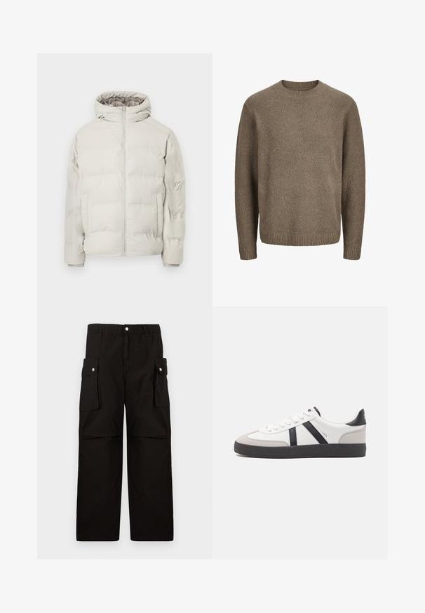 Lys beige polstret jakke med påhæftet hætte, frontlynlås og sidelommer, vist mod en ensfarvet hvid baggrund.; Brun langærmet uldsweater med ribstrikkede manchetter, kant og rund hals.; Sorte cargo-bukser lavet af blødt stof, med elastisk talje, sidedroplommer med klapper og en løs, lige ben-design.; Hvide sneakers med sorte og grå detaljer, med en tekstureret grå tåhætte, sort gummisål og flade hvide snørebånd. Rent design, minimalistisk stil.