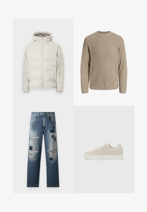Veste matelassée beige clair avec capuche attachée, fermeture éclair à l'avant et poches latérales, présentée sur un fond blanc uni.; Pull en maille côtelée beige avec manches longues et col rond, présenté sur un fond clair.; Jean en denim avec des patches déchirés et des nuances de bleu variées, présentant une coupe droite et un design traditionnel à cinq poches.; Baskets basses beige à lacets avec semelle épaisse en caoutchouc blanc sur un fond uni gris clair.