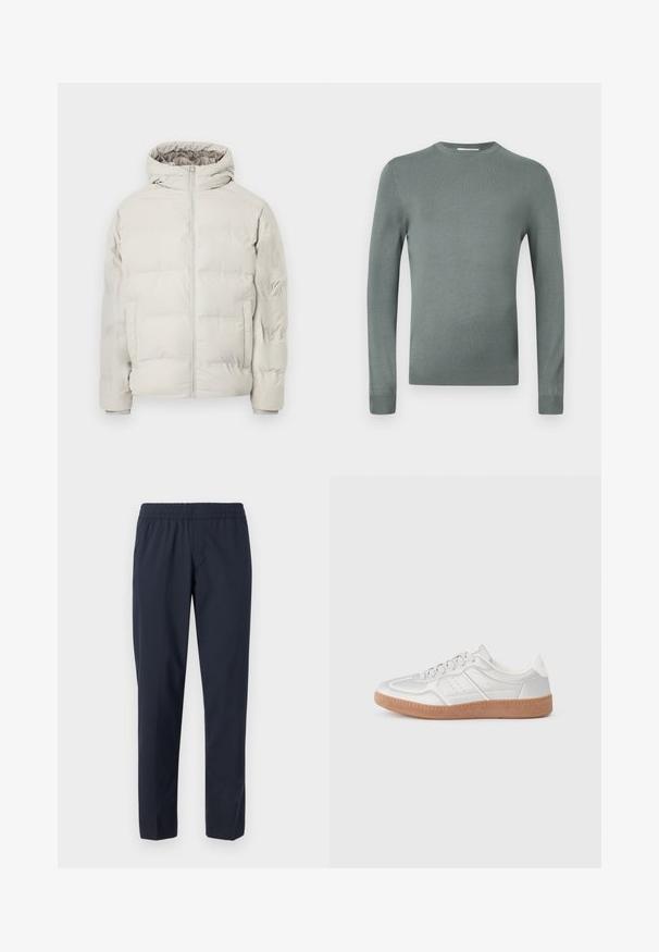 Veste matelassée beige clair avec capuche attachée, fermeture éclair à l'avant et poches latérales, présentée sur un fond blanc uni.; Pull-over long vert clair en tricot doux. Doté d'un col rond et de manches ajustées avec des poignets côtelés. Design uni.; Pantalon bleu marine avec une taille élastique, jambes droites, tissu léger et sans poches ni ornements visibles.; Baskets argentées avec une texture lisse, un design à lacets, des accents perforés et une semelle en caoutchouc marron texturé.