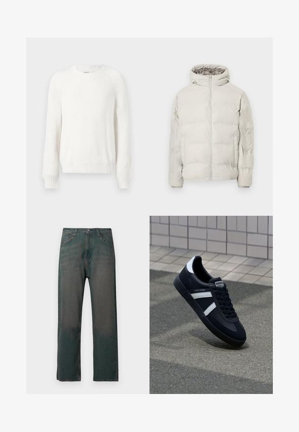 Veste matelassée beige clair avec capuche attachée, fermeture éclair à l'avant et poches latérales, présentée sur un fond blanc uni.; Pull en maille blanche avec un col rond, des épaules tombantes et des manches longues. Caractérisé par un tissu texturé et un ourlet droit.; Jean en denim vert foncé avec une coupe droite, doté d'un design classique à cinq poches et de coutures contrastantes le long des coutures.; Sneaker en cuir noir avec des rayures blanches, semelle en caoutchouc texturée et devant à lacets. Présente une étiquette de marque sur la languette.