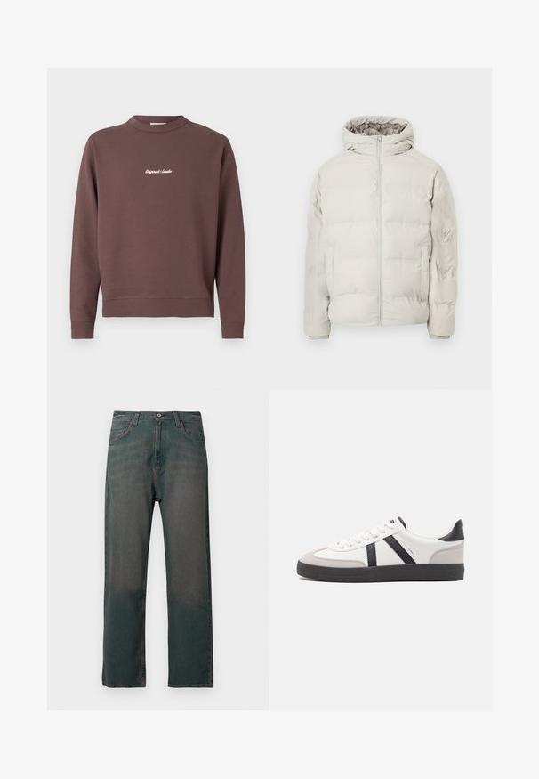 Lys beige polstret jakke med påhæftet hætte, frontlynlås og sidelommer, vist mod en ensfarvet hvid baggrund.; Brun sweatshirt med rund hals, ribbet kant og manchetter. Har hvid broderet tekst "Original Studio" på brystet. Blød blanding af bomuld.; Mørkegrønne denimjeans med lige ben, der har et klassisk design med fem lommer og kontrastsyninger langs sømmene.; Hvide sneakers med sorte og grå detaljer, med en tekstureret grå tåhætte, sort gummisål og flade hvide snørebånd. Rent design, minimalistisk stil.