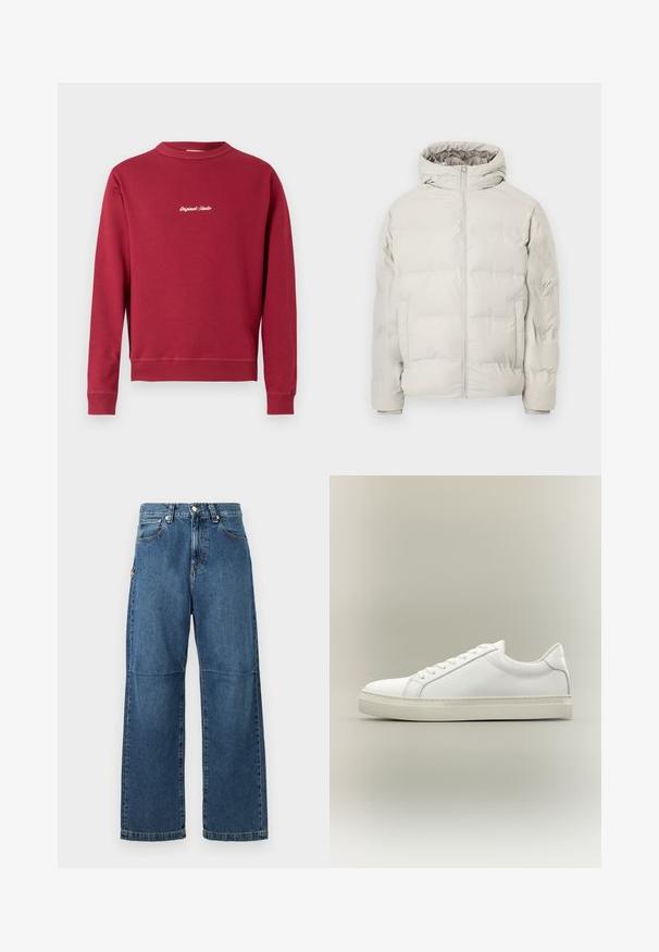 Lys beige polstret jakke med påhæftet hætte, frontlynlås og sidelommer, vist mod en ensfarvet hvid baggrund.; Bordeaux sweatshirt lavet af en bomuldsblanding med rund hals, ribbede manschetter og nederste kant. Har hvidt broderet tekst "Original Studio" på forsiden.; Blå denim jeans med afslappet pasform, lige ben, synlige sømme og lukkes med en knap foran. Har en sidelomme med accent.; Hvid lavtop sneaker med snørebånd foran og tyk sål, vist fra siden mod en neutral baggrund.