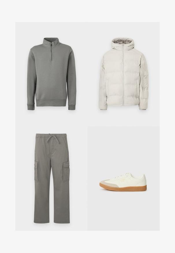 Veste matelassée beige clair avec capuche attachée, fermeture éclair à l'avant et poches latérales, présentée sur un fond blanc uni.; Sweat à capuche gris avec un col zippé à mi-hauteur, des poignets côtelés et un ourlet droit. Fabriqué en tissu doux avec une texture lisse.; Pantalons cargo droit gris avec taille élastique, cordon de serrage, poches latérales à rabat et poches frontales fendu, présentés sur fond blanc.; Baskets en cuir blanc avec une coque beige et une semelle en caoutchouc marron clair. Dotées de lacets blancs plats et d'un logo embossé sur le côté.