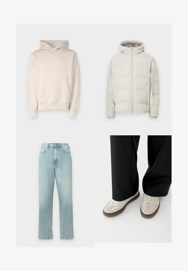 Lys beige polstret jakke med påhæftet hætte, frontlynlås og sidelommer, vist mod en ensfarvet hvid baggrund.; Beige hættetrøje lavet af blødt stof, med en frontlomme, ribbede manchetter og hætte med snøre. Enkel, udekoreret design.; Lysblå højtaljede straight-leg jeans lavet af denim. Har klassisk femlomme-design og en lynlås med knaplukning.; Fødder iført beige sneakers med brune såler og sorte bukser med vide ben på hvid baggrund.