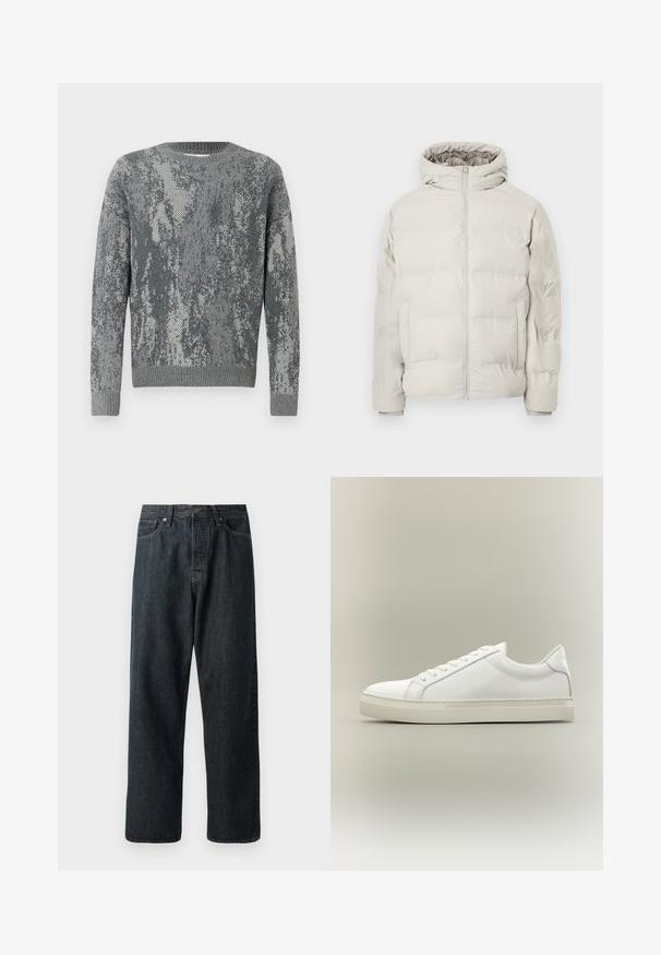 Veste matelassée beige clair avec capuche attachée, fermeture éclair à l'avant et poches latérales, présentée sur un fond blanc uni.; Pull gris avec un motif texturé aux nuances de gris variées, col rond, manches longues, et poignets et ourlet côtelés.; Jeans en denim foncé avec une coupe droite, dotés d'une disposition traditionnelle à cinq poches et d'une fermeture à bouton en métal à la taille.; Baskets blanches basses à lacets sur l’avant et semelle épaisse, vues de côté sur un fond neutre.