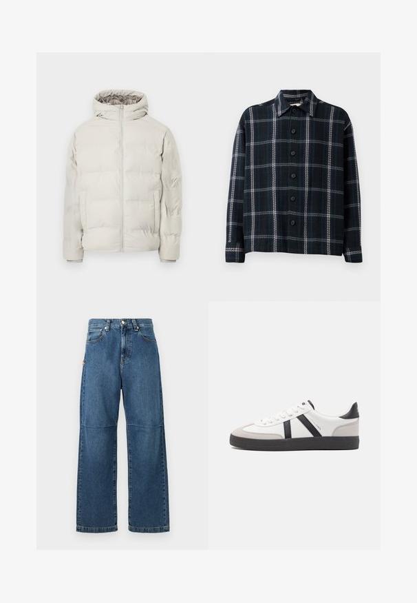 Hellbeige gesteppte Jacke mit angenähter Kapuze, Frontreißverschluss und seitlichen Taschen, vor schlichtem weißem Hintergrund präsentiert.; Schwarzes und dunkelblaues kariertes Langarmhemd mit weißen Streifen, Knopfverschluss und spitzem Kragen.; Blaue Jeans aus Denim mit entspannter Passform, geraden Beinen, sichtbarem Nähen und einem vorderen Knopfverschluss. Verfügt über eine Seitentasche mit einem Akzent.; Weiße Sneaker mit schwarz- und grau-aczenten, ausgestattet mit einer strukturierten grauen Zehenkappe, schwarzer Gummi-Sohle und flachen weißen Schnürsenkeln. Sauberes Design, minimalistische Stil.