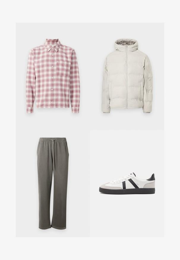 Lys beige polstret jakke med påhæftet hætte, frontlynlås og sidelommer, vist mod en ensfarvet hvid baggrund.; Langærmet plaid skjorte i pink og hvid. Fremstillet af et blødt stof med knap-ned krave, enkelt brystlomme og knaplukninger.; Grå bomulds-sweatpants med elastisk talje og snor, med sidelommer og en afslappet pasform hele vejen ned ad benene.; Hvide sneakers med sorte og grå detaljer, med en tekstureret grå tåhætte, sort gummisål og flade hvide snørebånd. Rent design, minimalistisk stil.