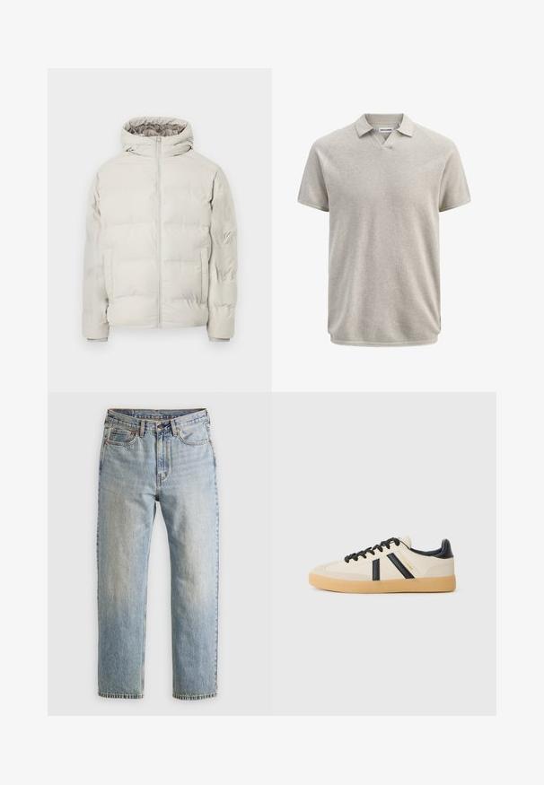 Chaqueta acolchada beige clara con capucha incorporada, cremallera frontal y bolsillos laterales, exhibida sobre un fondo blanco liso.; Polo de manga corta en beige texturizado, con cuello y ligera apertura en V, de la marca Jack & Jones.; Jeans de mezclilla azul claro de cintura alta, con botón frontal, cremallera y diseño de cinco bolsillos, dispuestos sobre un fondo neutro.; Zapatillas casuales en crema con rayas negras, con parte superior texturizada y suela de goma. Los cordones son negros. Logo sutil en el costado.