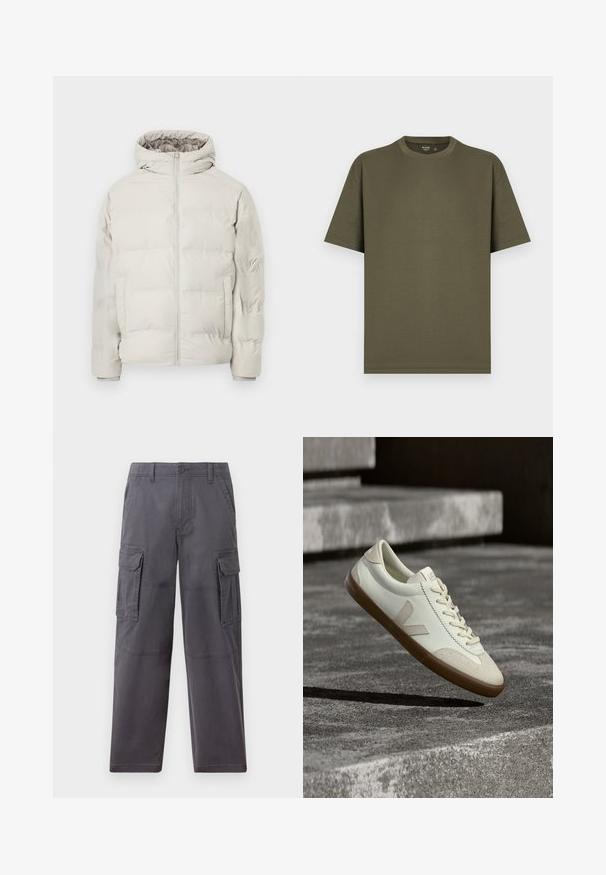 Lys beige polstret jakke med påhæftet hætte, frontlynlås og sidelommer, vist mod en ensfarvet hvid baggrund.; Ensfarvet olivengrøn T-shirt med korte ærmer og rund hals, med en almindelig pasform, vist på en lys baggrund.; Hollister Co. SKATER BAGGY - Cargobukser - grey; Hvide læder sneakers med tanfarvet gummisål, flade snørebånd og V-formet detalje på siden. Har en glat overflade og minimale syninger.
