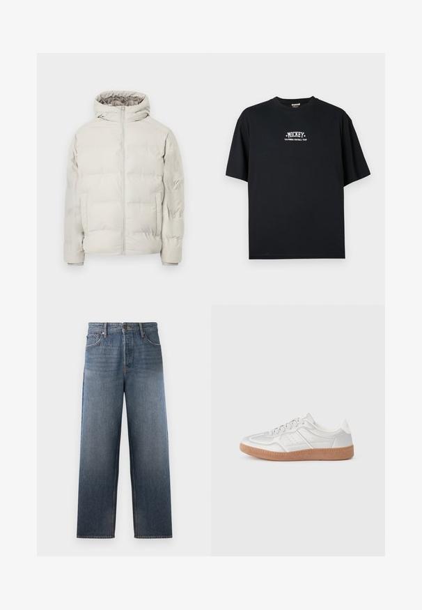 Lys beige polstret jakke med påhæftet hætte, frontlynlås og sidelommer, vist mod en ensfarvet hvid baggrund.; Sort bomuld t-shirt, oversized pasform, med hvid tekst "MICKEY" og "CALIFORNIA FOOTBALL TEAM" trykt på forsiden, rund halsudskæring.; Denimjeans i middelblå med lige ben design, der har fem lommer, knap- og lynlåslukning samt subtile falmeeffekter.; Sølv sneakers med en glat overflade, snørebånd, perforerede detaljer og en struktureret brun gummi sål.