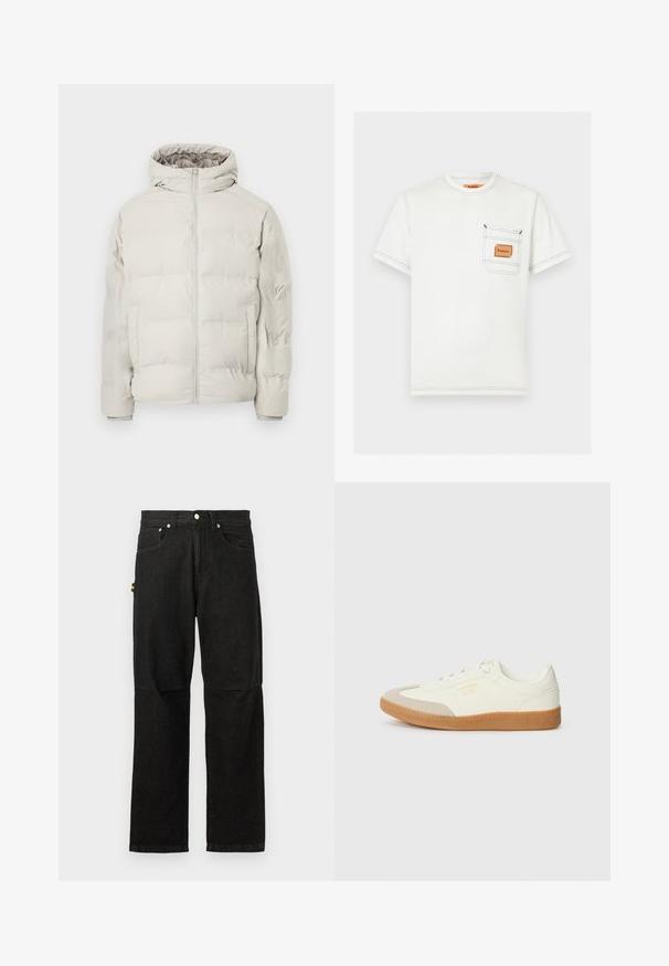 Lichtbeige gewatteerde jas met aangehechte capuchon, ritssluiting aan de voorkant en zijzakken, getoond tegen een effen witte achtergrond.; Witte T-shirt met korte mouwen, zichtbare zwarte stiksels en een klein borstzakje met een bruin Replay Inc. logo.; Zwarte denimbroeken met een recht gesneden ontwerp, voorzien van voorzakken, een knoopsluiting en minimale hardware voor een strakke uitstraling.; Schoen gemaakt van wit leer met een beige teenkap en een lichtbruine rubberen zool. Voorzien van platte witte veters en reliëfbranding aan de zijkant.
