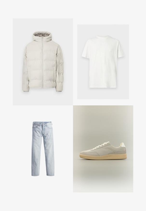 Hellbeige gesteppte Jacke mit angenähter Kapuze, Frontreißverschluss und seitlichen Taschen, vor schlichtem weißem Hintergrund präsentiert.; Weißes T-Shirt mit kurzen Ärmeln und Rundhalsausschnitt in lockerer Passform auf hellem, einfarbigem Hintergrund.; Hellblaue Denim-Jeans mit geradem Bein, Knopfleiste, fünf Taschen und subtilen Verwaschungen. Mit metallischen Hardware-Details ausgestattet.; Beiger Sneaker mit niedrigem Schaft aus strukturiertem Stoff, Wildlederdetails, weißen Schnürsenkeln, weißem Fersenlasche und hellbrauter Gummisohle auf neutralem Hintergrund.