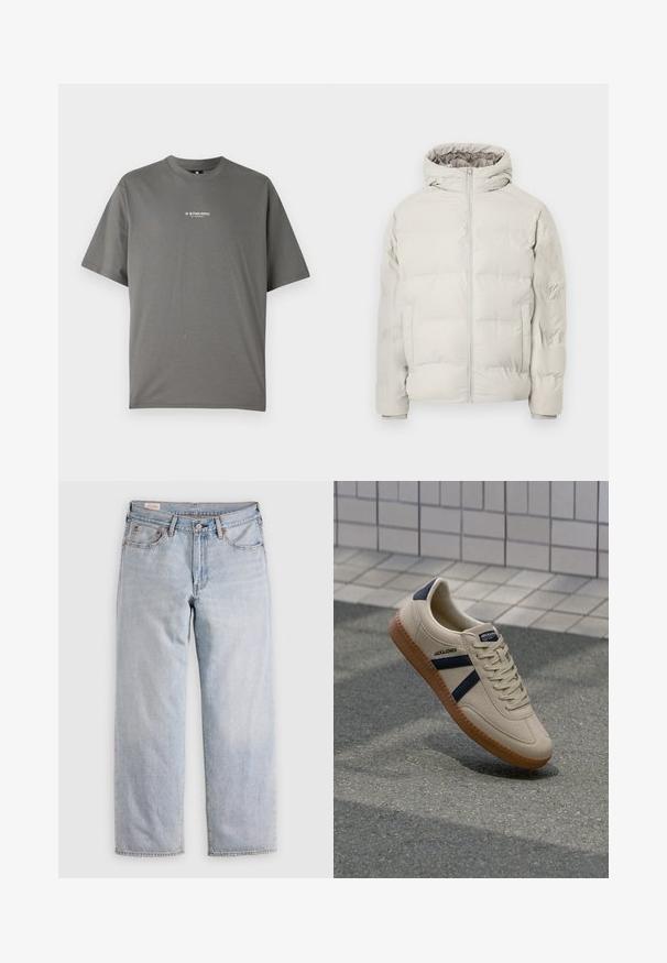 Chaqueta acolchada beige clara con capucha incorporada, cremallera frontal y bolsillos laterales, exhibida sobre un fondo blanco liso.; Camiseta de algodón gris con cuello redondo, mangas cortas y un logo de G-Star RAW impreso en blanco en el pecho.; Jeans rectos azul claro con cintura alta, cierre de botón y bolsillos delanteros y traseros, exhibidos sobre una superficie plana.; Zapatilla beige con acabado texturizado, rayas azul marino y suela de goma. Presenta una lengüeta acolchada y un sistema de cordones tradicional para un ajuste seguro.