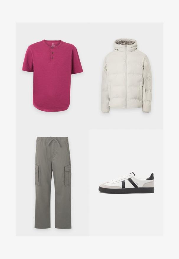Lichtbeige gewatteerde jas met aangehechte capuchon, ritssluiting aan de voorkant en zijzakken, getoond tegen een effen witte achtergrond.; Korte mouwen henley-shirt in een levendige magenta kleur. Heeft een ronde hals, een drieknoopsluiting en een licht afgeronde zoom. Zachte textuur.; Grijze rechte cargobroek met elastische tailleband, trekkoord, zijflapzakken en voorste schuine zakken op een witte achtergrond.; Witte sneaker met zwarte en grijze accenten, voorzien van een grijze neus met textuur, zwarte rubberen zool en platte witte veters. Schoon ontwerp, minimalistische stijl.