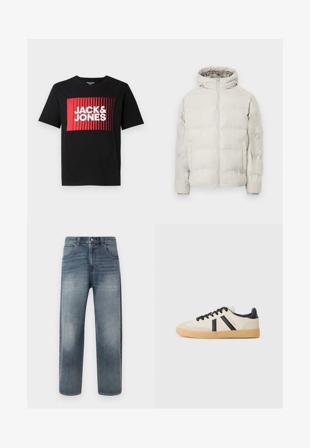 Lys beige polstret jakke med påhæftet hætte, frontlynlås og sidelommer, vist mod en ensfarvet hvid baggrund.; Sort t-shirt med korte ærmer, der har et rødt rektangulært grafisk design med lodrette linjer og teksten "JACK & JONES" i hvid.; Lyseblå denimjeans med lige pasform, der har fem lommer, lynlås og diskret falmning på benene. Afsluttet med syningsdetaljer.; Casual sneakers i creme med sorte striber, med en tekstureret overdel og sål i gummigummi. Snørebåndene er sorte. Diskret logo på siden.