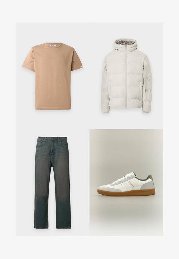 Hellbeige gesteppte Jacke mit angenähter Kapuze, Frontreißverschluss und seitlichen Taschen, vor schlichtem weißem Hintergrund präsentiert.; Beige Baumwoll-T-Shirt mit Rundhalsausschnitt, kurzen Ärmeln und einem dezenten, geprägten "REPLAY"-Logo auf der Vorderseite. Glenzige Textur, lockere Passform.; Dunkelgrüne Jeans aus Denim mit geradem Bein, ausgestattet mit einem klassischen Fünf-Taschen-Design und kontrastierenden Nähten entlang der Nähte.; Weißer und grauer Low-Top-Sneaker mit Gummisohle, weißen Schnürsenkeln und goldfarbenem "JACK & JONES"-Logo an der Seite, dargestellt von der Außenseite.