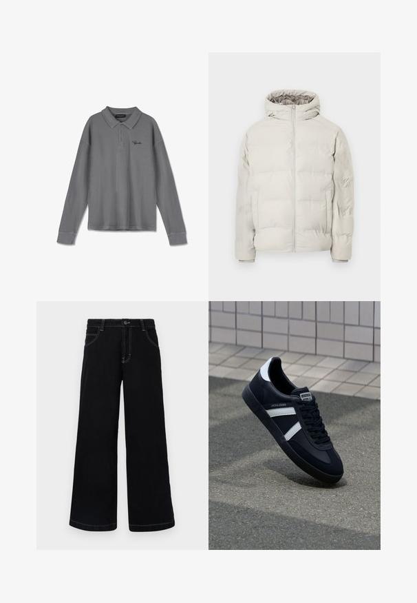 Hellbeige gesteppte Jacke mit angenähter Kapuze, Frontreißverschluss und seitlichen Taschen, vor schlichtem weißem Hintergrund präsentiert.; Langarm-Polohemd aus gestreiftem grauem Stoff. Verfügt über einen Kragen, eine Drei-Knopf-Leiste und dezente schwarze Markenkennzeichnung auf der Brust.; Schwarze weit geschnittene Jeanshose aus Denim, mit Knopfverschluss, fünf Taschen und kontrastierendem weißen Nähten entlang der Nähte.; Schwarze Leder-Sneaker mit weißen Streifen, strukturiertem Gummisohle und Schnürung. Verfügt über ein Markenetikett auf der Zunge.