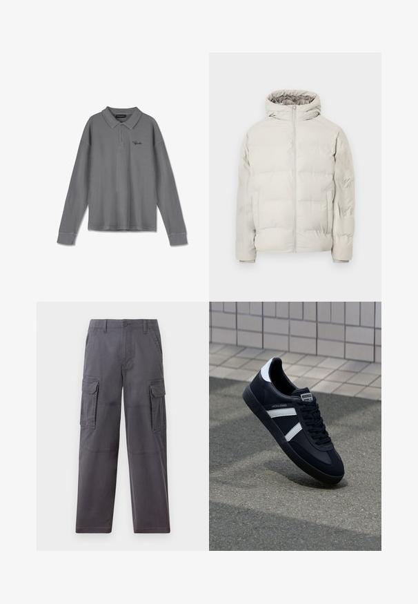 Hellbeige gesteppte Jacke mit angenähter Kapuze, Frontreißverschluss und seitlichen Taschen, vor schlichtem weißem Hintergrund präsentiert.; Langarm-Polohemd aus gestreiftem grauem Stoff. Verfügt über einen Kragen, eine Drei-Knopf-Leiste und dezente schwarze Markenkennzeichnung auf der Brust.; Hollister Co. SKATER BAGGY - Cargohose - grey; Schwarze Leder-Sneaker mit weißen Streifen, strukturiertem Gummisohle und Schnürung. Verfügt über ein Markenetikett auf der Zunge.