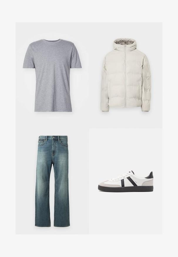 Hellbeige gesteppte Jacke mit angenähter Kapuze, Frontreißverschluss und seitlichen Taschen, vor schlichtem weißem Hintergrund präsentiert.; Graues, kurzärmliges T-Shirt aus einem Baumwollmischgewebe, das über einen klassischen Rundkragen verfügt und eine glatte, weiche Textur aufweist.; Hellblaue Denim-Jeans mit geradem Bein, leichtem Ausbleichen, fünf Taschen und Gürtelschlaufen. Verfügt über gestickte Akzente und einen Knopfverschluss.; Weiße Sneaker mit schwarz- und grau-aczenten, ausgestattet mit einer strukturierten grauen Zehenkappe, schwarzer Gummi-Sohle und flachen weißen Schnürsenkeln. Sauberes Design, minimalistische Stil.
