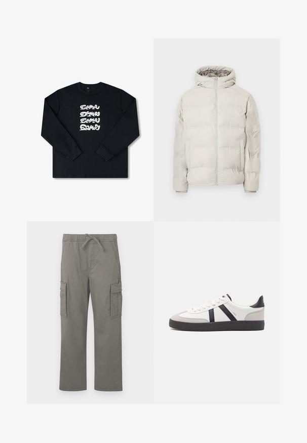 Lys beige polstret jakke med påhæftet hætte, frontlynlås og sidelommer, vist mod en ensfarvet hvid baggrund.; Sort sweatshirt med lange ærmer, der har et hvidt gentaget grafisk logo i stiliseret skrifttype på forsiden. Fremstillet af blødt stof.; Grå cargo bukser med lige ben, elastisk talje, binding, sidelommer med klap og forlommer præsenteret på en hvid baggrund.; Hvide sneakers med sorte og grå detaljer, med en tekstureret grå tåhætte, sort gummisål og flade hvide snørebånd. Rent design, minimalistisk stil.