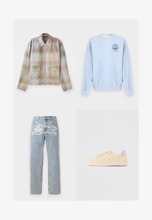 Jakke med lynlås foran og en struktureret krave, der har et pastelgradientmønster, to forlommer og et glat, let tekstureret stof.; Lyseblå crewneck-sweatshirt med lange ærmer og en lille mørkeblå grafik på venstre bryst, der viser en fontæne og tekst.; Lyselavendel denim jeans med en lige pasform, der har et stort hvidt grafik af en kat på ryggen. Klassisk fem-lommers design.; Beige lavtop sneaker med snørelukning foran, lyserød sål og grå hællap med mærket "Filling Pieces", vist i profil på ensfarvet baggrund.