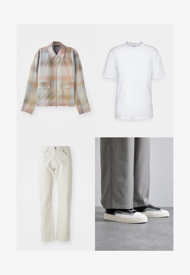Jakke med lynlås foran og en struktureret krave, der har et pastelgradientmønster, to forlommer og et glat, let tekstureret stof.; Hvid bomulds t-shirt med rund hals, korte ærmer og lige kant. Har et lille mærke på den venstre sidesøm.; Lyse beige jeans lavet af bomuld, med lige ben design, fem-lommers styling og en sølv metalknap lukning.; Filling Pieces RIVIERA - Sneakers - grey