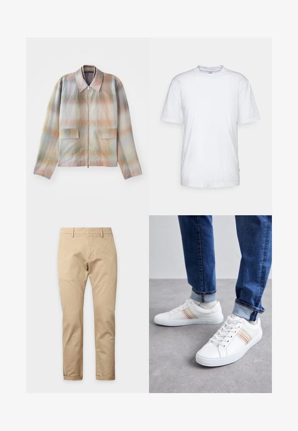 Jakke med lynlås foran og en struktureret krave, der har et pastelgradientmønster, to forlommer og et glat, let tekstureret stof.; Hvid bomulds t-shirt med rund hals, korte ærmer og lige kant. Har et lille mærke på den venstre sidesøm.; Beige bukser med lige ben, bæltestropper, lynlås foran og opsmøgede kanter på en ensartet lys baggrund.; Hvide lædersneakers med multicolore striber, snørebåndsdesign, gummisål og polstret krave, parret med blå denimjeans.
