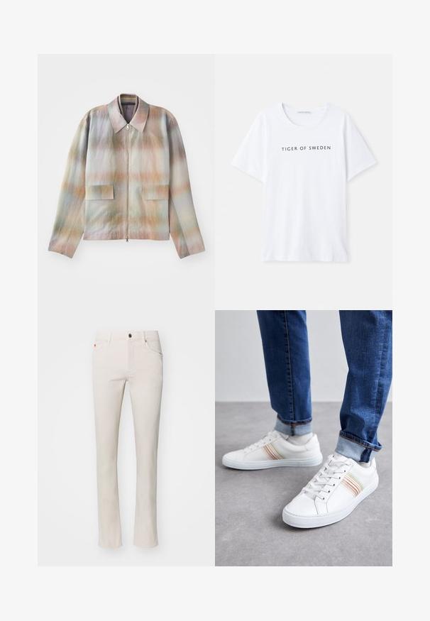 Jakke med lynlås foran og en struktureret krave, der har et pastelgradientmønster, to forlommer og et glat, let tekstureret stof.; Hvid t-shirt med rund halsudskæring og korte ærmer. Sort tekst står der "TIGER OF SWEDEN" centreret på fronten. Glat stofstruktur.; Beige lige ben jeans lavet af en blanding af bomuldsstof. Har traditionelt fem-lomme design og metal knaplukning ved taljen.; Hvide lædersneakers med multicolore striber, snørebåndsdesign, gummisål og polstret krave, parret med blå denimjeans.
