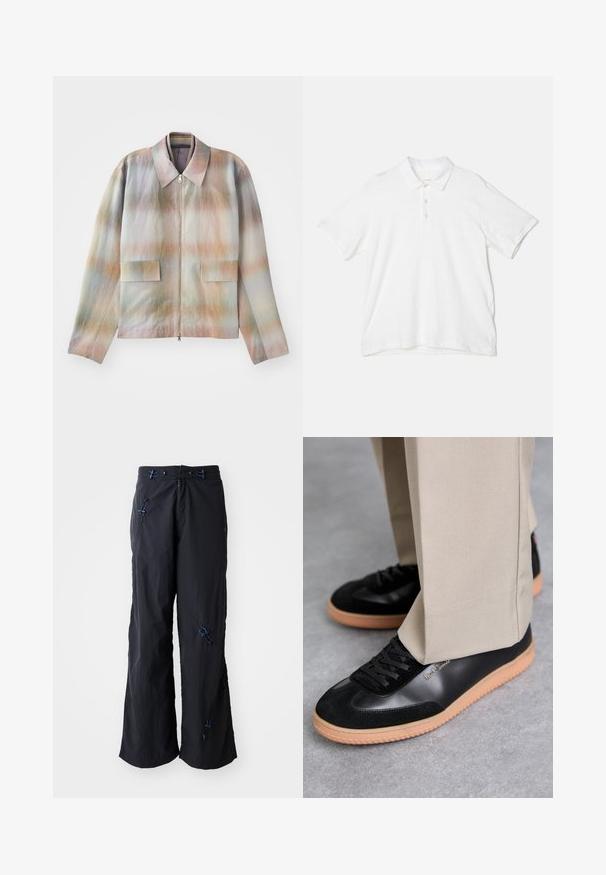Jakke med lynlås foran og en struktureret krave, der har et pastelgradientmønster, to forlommer og et glat, let tekstureret stof.; rag & bone CLASSIC FLAME - Poloshirts - white; Sorte, lette bukser med vidde og struktureret overflade. Har blå detaljer og justerbare toggles. Lynlåslukning.; Paul Smith COMO - Sneakers - black