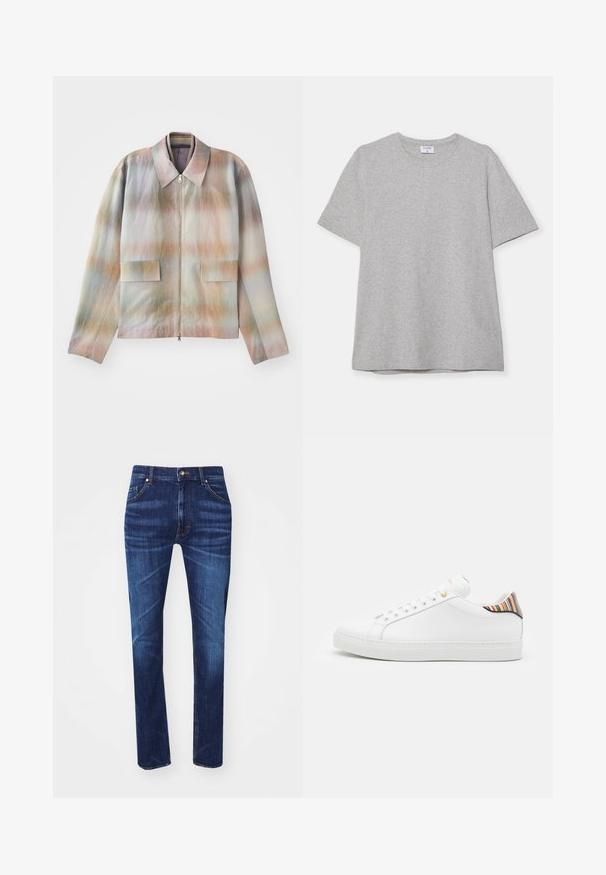 Veste zippée à col structuré, présentant un motif dégradé pastel, deux poches avant et un tissu lisse légèrement texturé.; T-shirt gris à manches courtes fabriqué en tissu doux et texturé. Présente un col rond classique et un ourlet droit, idéal pour une tenue décontractée.; Jean en denim bleu foncé avec une coupe droite, comportant cinq poches, des coutures orange contrastantes et une fermeture à bouton en métal classique.; Baskets en cuir blanc avec une finition lisse, présentant un accent rayé coloré au niveau du talon, des œillets dorés et une semelle blanche plate.