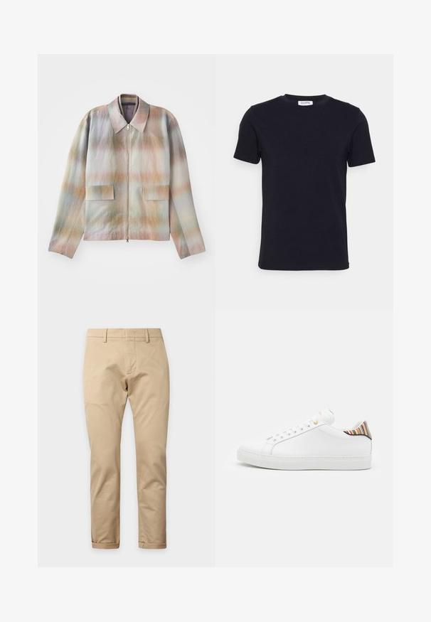 Veste zippée à col structuré, présentant un motif dégradé pastel, deux poches avant et un tissu lisse légèrement texturé.; T-shirt noir à manches courtes avec un col ras-du-cou, muni d'une petite étiquette blanche à l'intérieur du col.; Pantalon beige à jambes droites avec passants pour ceinture, fermeture éclair devant et ourlets retroussés sur un fond uni clair.; Baskets en cuir blanc avec une finition lisse, présentant un accent rayé coloré au niveau du talon, des œillets dorés et une semelle blanche plate.