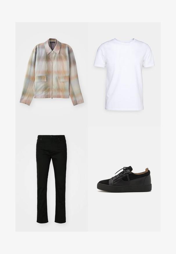 Jacke mit Reißverschluss und strukturiertem Kragen, versehen mit einem pastellfarbenen Verlaufsmuster, zwei Fronttaschen und einem glatten, leicht strukturierten Stoff.; Weißes T-Shirt mit kurzen Ärmeln aus Baumwollstoff und rundem Halsausschnitt. Schlichtes Design ohne Muster oder Akzente. Glatte Textur.; Schwarze Denim-Jeans mit geradem Bein, fünf Taschen und Druckknopfverschluss. Glatte Textur mit dezenten Nähten.; Giuseppe Zanotti DOUBLE ZIP - Sneaker low - black