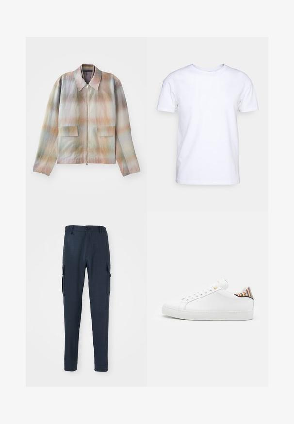 Veste zippée à col structuré, présentant un motif dégradé pastel, deux poches avant et un tissu lisse légèrement texturé.; T-shirt blanc à manches courtes en tissu de coton avec un col rond. Design simple sans motifs ni accents. Texture lisse.; Pantalons cargo navy en tissu texturé, coupe slim, fermeture à bouton à la taille et poches latérales pour plus de fonctionnalité.; Baskets en cuir blanc avec une finition lisse, présentant un accent rayé coloré au niveau du talon, des œillets dorés et une semelle blanche plate.
