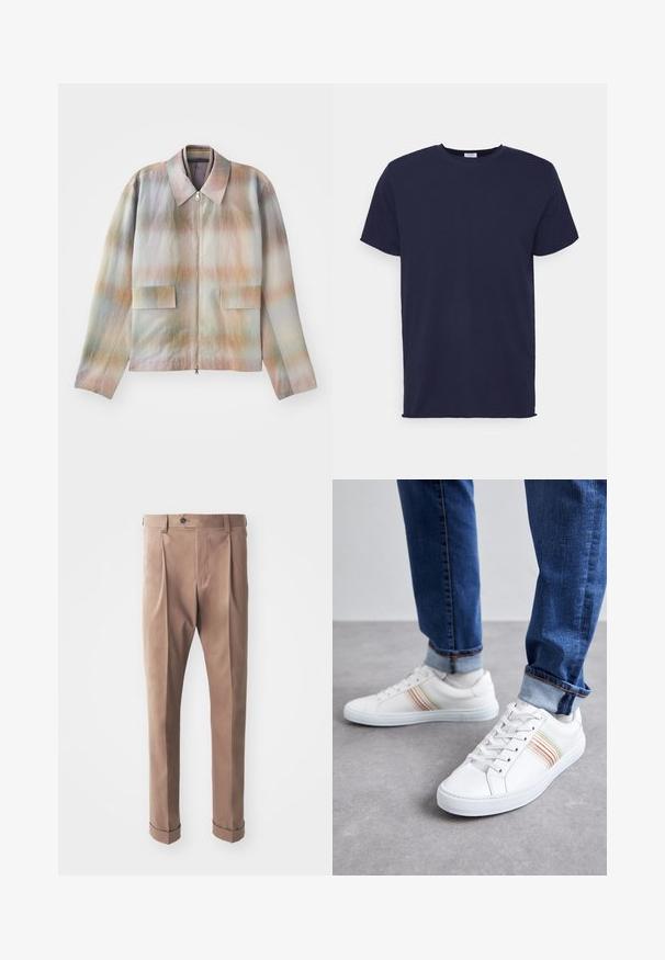 Chaqueta con cremallera frontal y cuello estructurado, con un patrón de degradado en tonos pastel, dos bolsillos frontales y una tela suave con una ligera textura.; Camiseta de manga corta azul marino hecha de tela suave. Presenta un cuello redondo y un corte recto sin patrones ni acentos.; Pantalones caqui hechos de tela texturizada, con una cintura alta, pliegues y puños enrollados, y un cierre de botón en la cintura.; Zapatillas de cuero blancas con rayas multicolores, diseño de cordones, suela de goma y cuello acolchado, combinadas con jeans de mezclilla azul.