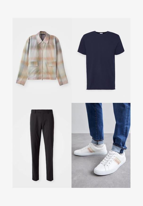 Jakke med lynlås foran og en struktureret krave, der har et pastelgradientmønster, to forlommer og et glat, let tekstureret stof.; Marineblå kortærmet t-shirt lavet af blødt stof. Har rund halsudskæring og en lige pasform uden mønstre eller accenter.; Sorte skræddersyede bukser med flad front, slim fit, bæltestropper og en glat tekstur. Velegnet til formelt eller forretningsmæssigt tøj.; Hvide lædersneakers med multicolore striber, snørebåndsdesign, gummisål og polstret krave, parret med blå denimjeans.