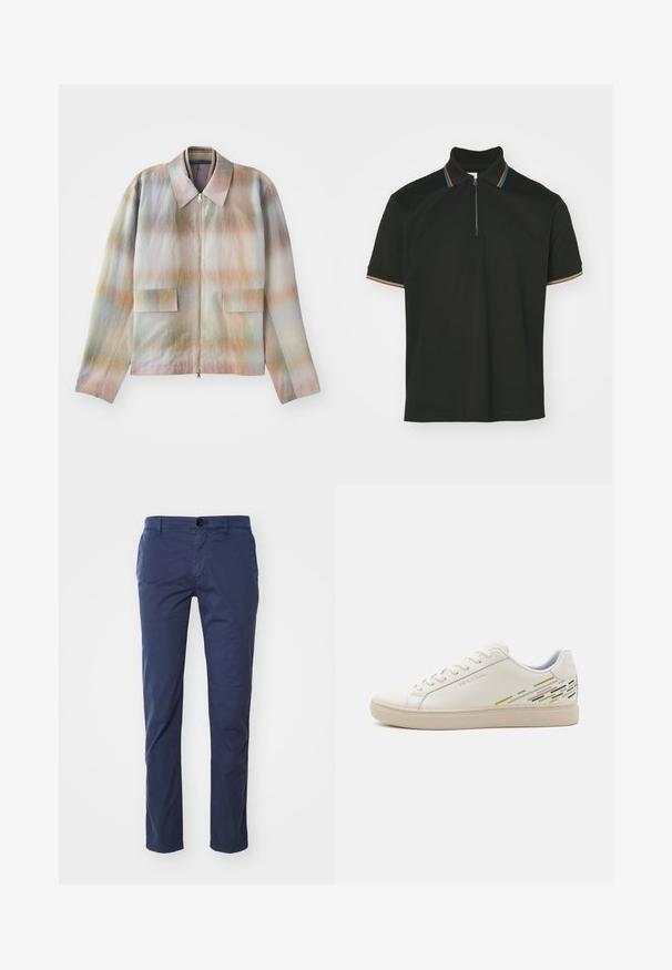 Jakke med lynlås foran og en struktureret krave, der har et pastelgradientmønster, to forlommer og et glat, let tekstureret stof.; Sort polo-shirt med lynlås krave og multicolor striber. Korte ærmer og en glat bomulds tekstur.; Mørkeblå bomulds chinos med lige bendesign, der har en enkelt knaplukning foran og sidelommer. Glat tekstur, klassisk pasform.; Hvide lædersneakers med en glat overflade, der har farverige linjemønstre på hælen og en beige gummisål.