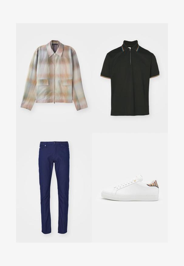 Jakke med lynlås foran og en struktureret krave, der har et pastelgradientmønster, to forlommer og et glat, let tekstureret stof.; Sort polo-shirt med lynlås krave og multicolor striber. Korte ærmer og en glat bomulds tekstur.; Mørkeblå slim-fit jeans lavet af denim, med knaplukning, fem-lomme design og subtil tekstur med en glat overflade.; Hvide lædersneakers med en glat overflade, prydet med en farverig stribet detalje på hælen, guldøje og flad hvid sål.