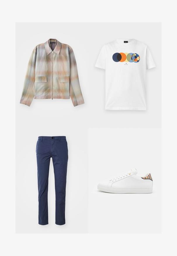 Jakke med lynlås foran og en struktureret krave, der har et pastelgradientmønster, to forlommer og et glat, let tekstureret stof.; Hvid t-shirt med korte ærmer med grafik af fem overlappende farvede cirkler, hvor den sidste ligner en multifarvet fodbold, og lille tekst nedenunder.; Mørkeblå bomulds chinos med lige bendesign, der har en enkelt knaplukning foran og sidelommer. Glat tekstur, klassisk pasform.; Hvide lædersneakers med en glat overflade, prydet med en farverig stribet detalje på hælen, guldøje og flad hvid sål.