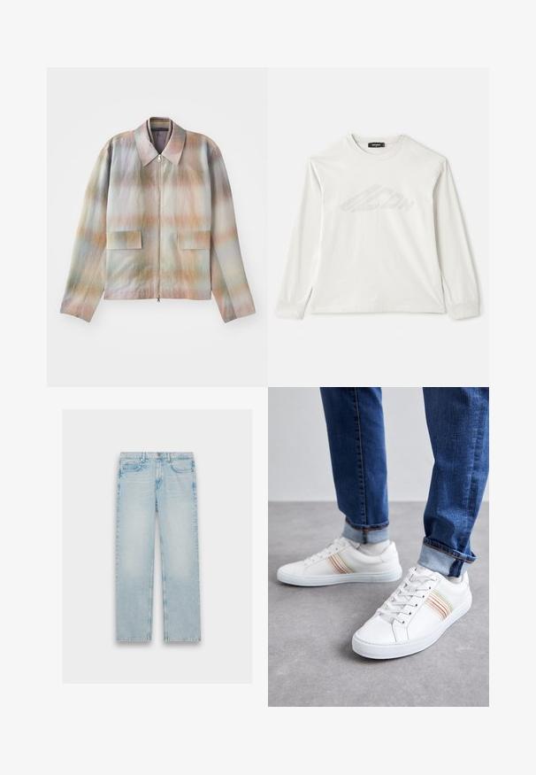 Jakke med lynlås foran og en struktureret krave, der har et pastelgradientmønster, to forlommer og et glat, let tekstureret stof.; Langærmet lysegrå T-shirt lavet af bomuld, med rund halsudskæring, sideslids og et svagt trykt logo på fronten.; Lyseblå denimjeans med lige ben, fem lomme-design og en falmet finish. Metalhardware og syet detaljering er synlig.; Hvide lædersneakers med multicolore striber, snørebåndsdesign, gummisål og polstret krave, parret med blå denimjeans.