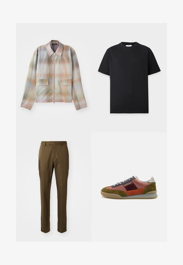 Jacke mit Reißverschluss und strukturiertem Kragen, versehen mit einem pastellfarbenen Verlaufsmuster, zwei Fronttaschen und einem glatten, leicht strukturierten Stoff.; Schlichtes schwarzes T-Shirt mit kurzen Ärmeln und Rundhalsausschnitt, flach auf einem hellgrauen Hintergrund mit kleinem weißen Etikett im Kragen ausgelegt.; Braune maßgeschneiderte Hose im geraden Schnitt, aus glattem Stoff mit seitlichen Taschen und einem Bundfalten vor.; PS Paul Smith DOVER - Sneaker low - pink