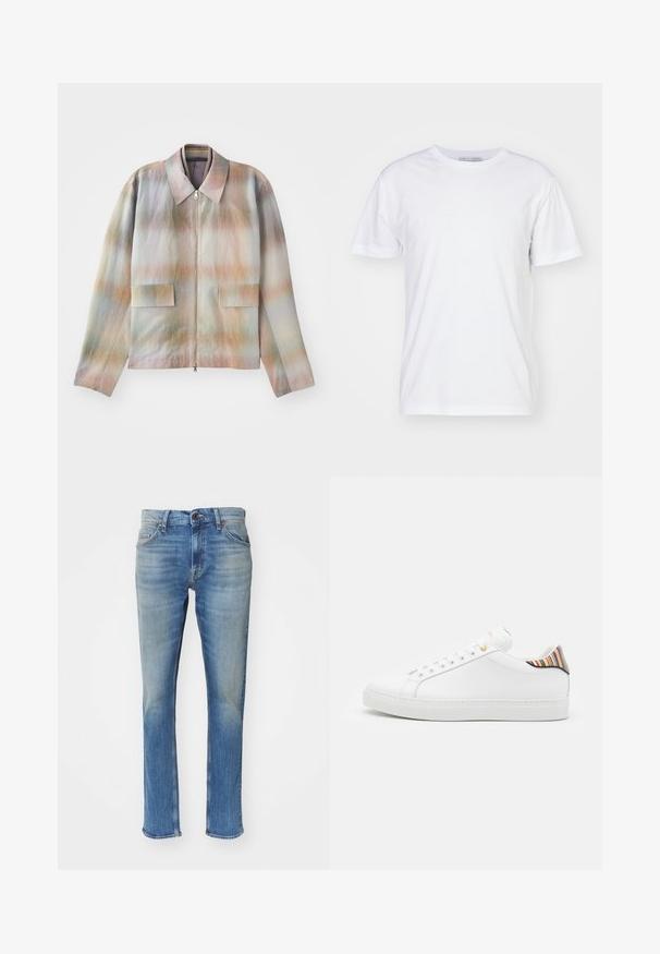 Jas met rits aan de voorkant en een gestructureerde kraag, met een pastelgradiëntpatroon, twee voorzakken en een gladde, licht getextureerde stof.; Witte katoenen T-shirt met een ronde hals, korte mouwen en een rechte snit. Geen patronen of versieringen, gladde textuur en eenvoudig ontwerp.; Lichtblauwe spijkerbroek met een rechte snit, voorzien van een ritssluiting, vijf zakken en een licht vervaagde textuur.; Witte leren sneaker met een gladde afwerking, voorzien van een kleurrijke gestreepte accent op de hiel, gouden oogjes en een vlakke witte zool.