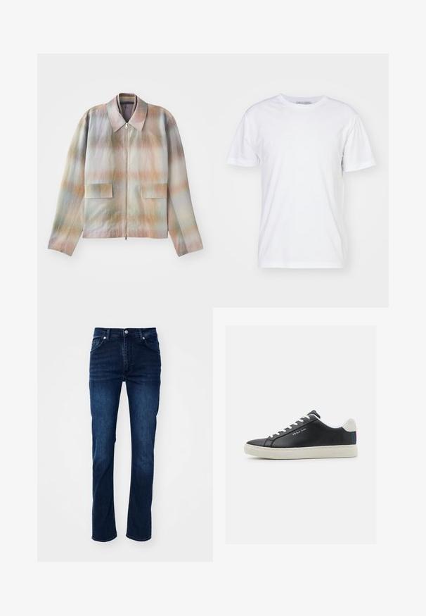 Jacke mit Reißverschluss und strukturiertem Kragen, versehen mit einem pastellfarbenen Verlaufsmuster, zwei Fronttaschen und einem glatten, leicht strukturierten Stoff.; Weißes Baumwoll-T-Shirt mit Rundhalsausschnitt, kurzen Ärmeln und geradem Schnitt. Keine Muster oder Verzierungen, glatte Textur und schlichtes Design.; Dunkelblaue Jeans aus Denim im geraden Schnitt, mit einem klassischen Fünf-Taschen-Design und dezenten Nähdetails.; Schwarze Leder-Sneaker mit weißen Schnürsenkeln und Gummisohle. Verfügt über einen blauen, roten und grünen gestreiften Akzent an der Ferse. Mit gestickten Details.
