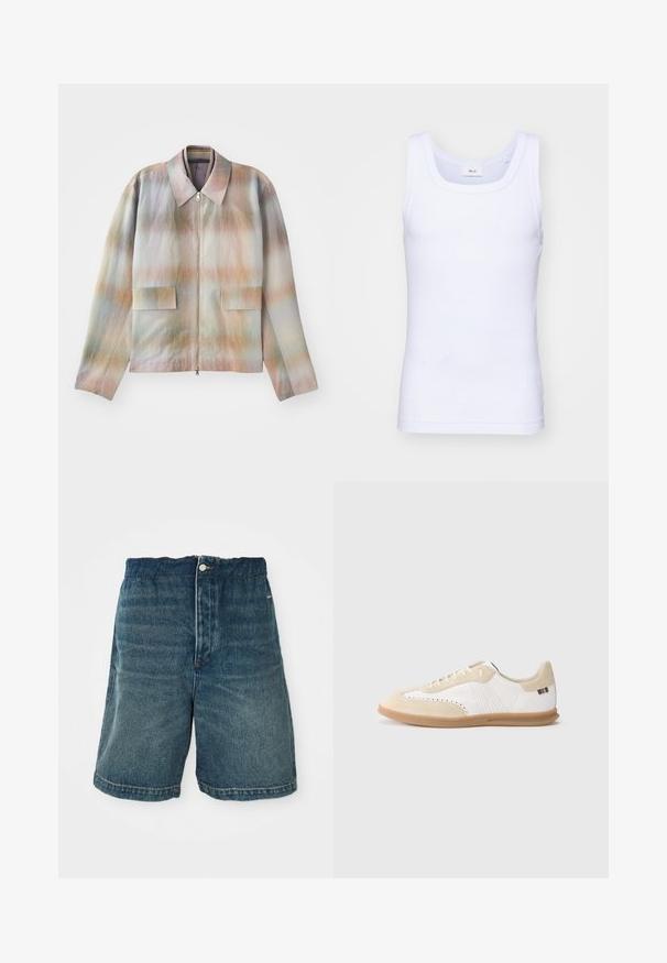 Chaqueta con cremallera frontal y cuello estructurado, con un patrón de degradado en tonos pastel, dos bolsillos frontales y una tela suave con una ligera textura.; Camiseta sin mangas de algodón blanca con escote redondo, que presenta una textura suave y una forma ajustada, diseñada para el uso casual.; Pantalones cortos de mezclilla en azul oscuro con un ajuste holgado, que cuentan con un cierre de botón y costuras visibles a lo largo del dobladillo y los bolsillos.; Zapatilla blanca con detalles en ante beige claro, perforaciones, cordones planos y suela de goma color caramelo. Presenta una marca a rayas en el talón.