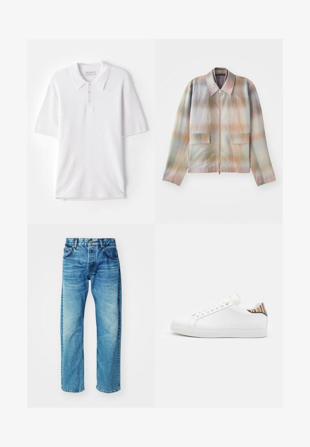 Jacke mit Reißverschluss und strukturiertem Kragen, versehen mit einem pastellfarbenen Verlaufsmuster, zwei Fronttaschen und einem glatten, leicht strukturierten Stoff.; Weißes Poloshirt aus strukturiertem Rippstoff, mit einem Kragen und drei kleinen Knöpfen auf der Vorderseite. Kurze Ärmel und gerader Saum.; Blaue Jeans aus Denim mit lockerer Passform, ausgestattet mit fünf Taschen, einem Knopfverschluss und subtilen Verblassungen sowie einem leicht ausgefransten Saum.; Weiße Ledersneaker mit glatter Oberfläche, ausgestattet mit einem bunten gestreiften Akzent an der Ferse, goldener Öse und flacher weißer Sole.