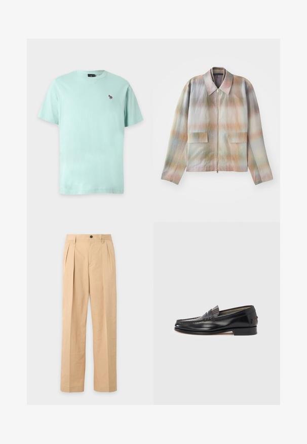 Veste zippée à col structuré, présentant un motif dégradé pastel, deux poches avant et un tissu lisse légèrement texturé.; T-shirt uni bleu clair à manches courtes avec petit logo zèbre multicolore sur la poitrine gauche et col rond.; Pantalon beige plissé avec fermeture bouton et zip, passants de ceinture et jambes droites larges.; Mocassins en cuir noir avec un design de style mocassin, présentant une bande décorative et un détail de couture sur le dessus. Talon bloc bas.